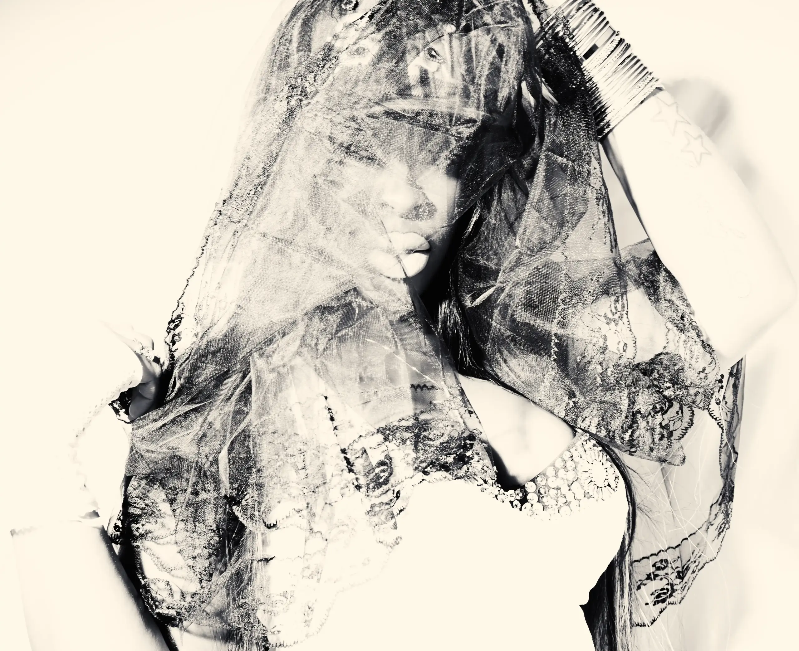 Black and white fashion portrait behind a translucent veil.